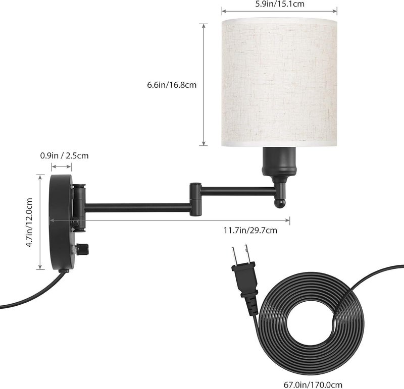 CADUKE Plug in Wall Light Set of 2, Swing Arm Wall Lamps, Modern Bedroom Wall Sconce Fixtures with Linen Lampshade for Reading Hallway Living Room - Image 5